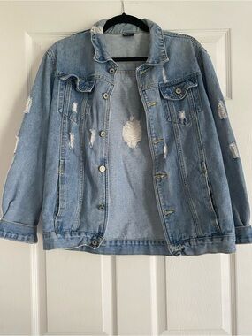 Women's Light Blue Distressed Denim Jacket - Relaxed Jean Jacket